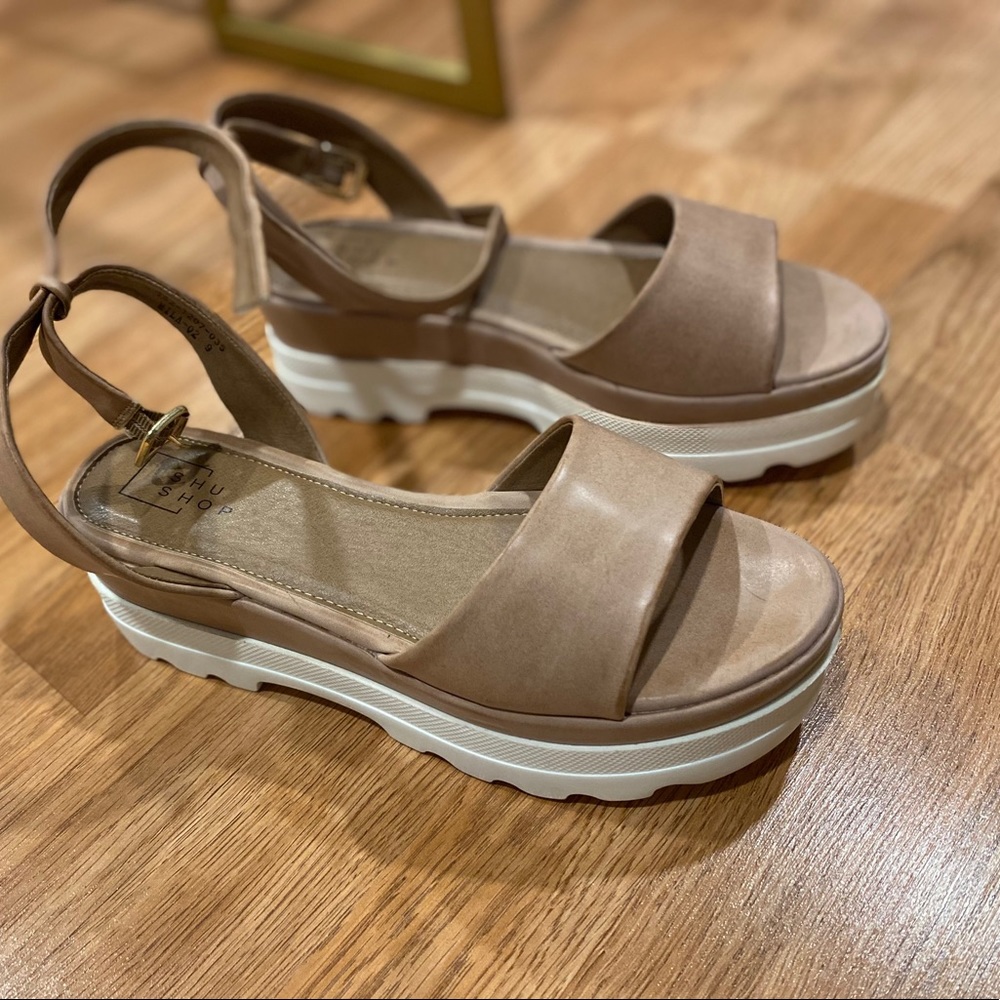 Tan leather platform sandals with ankle straps